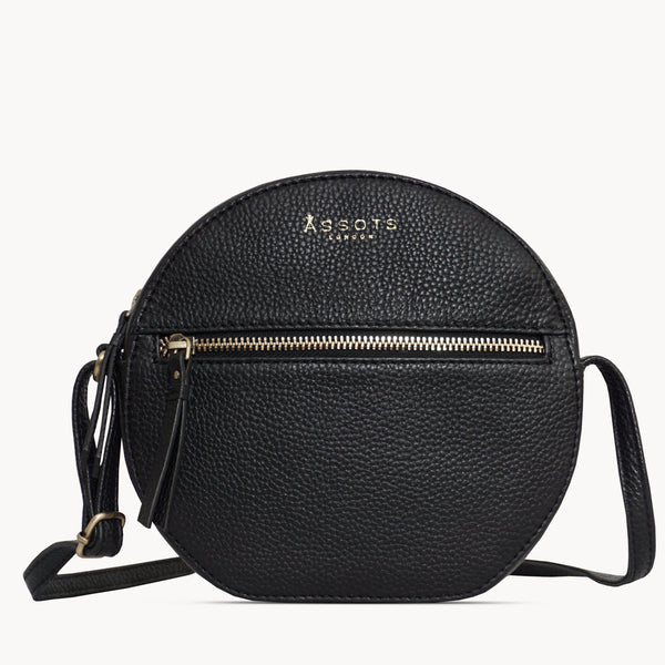 'Jane' Black Pebble Grain Leather Round Designer Crossbody Bag