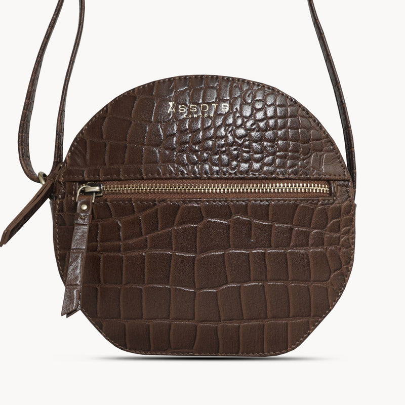 'Jane' Brown Croc Leather Round Designer Crossbody Bag