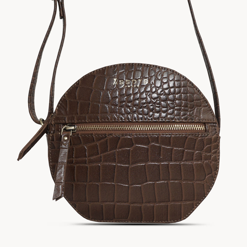 Jane' Dark Tan Croc Leather Round Circle Crossbody Bag for Women