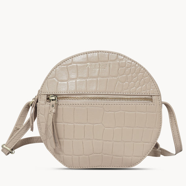'Jane' Nude Croc Real Leather Round Designer Crossbody Bag