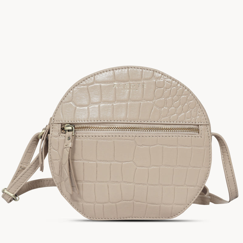 'Jane' Nude Croc Real Leather Round Designer Crossbody Bag