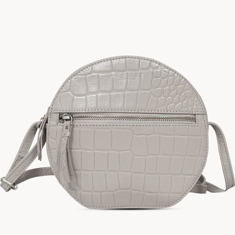'Jane' Ice Grey Croc Leather Round Designer Crossbody Bag