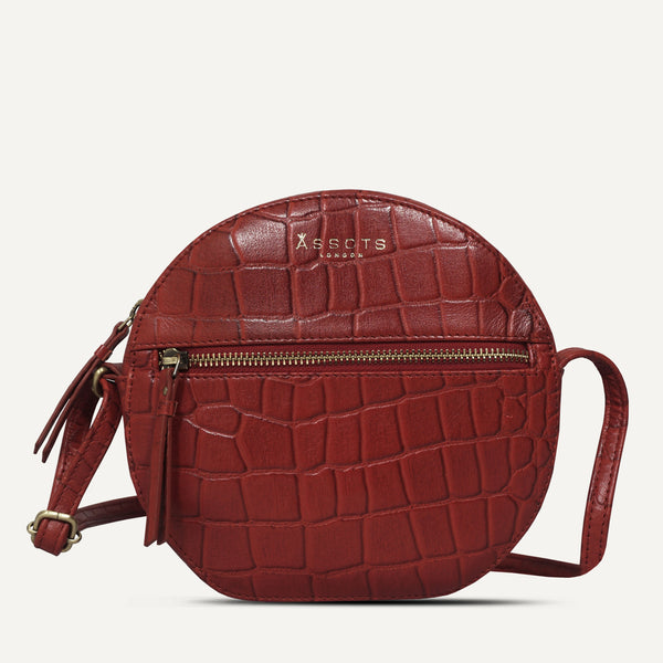 'Jane' Red Croc Leather Round Designer Crossbody Bag