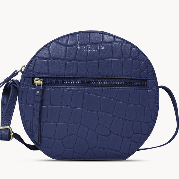 'Jane' Navy Croc Leather Round Designer Crossbody Bag