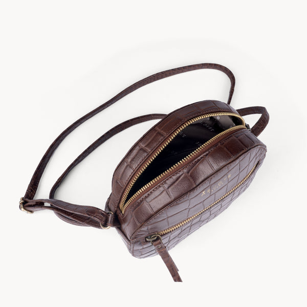 'Jane' Brown Croc Leather Round Designer Crossbody Bag