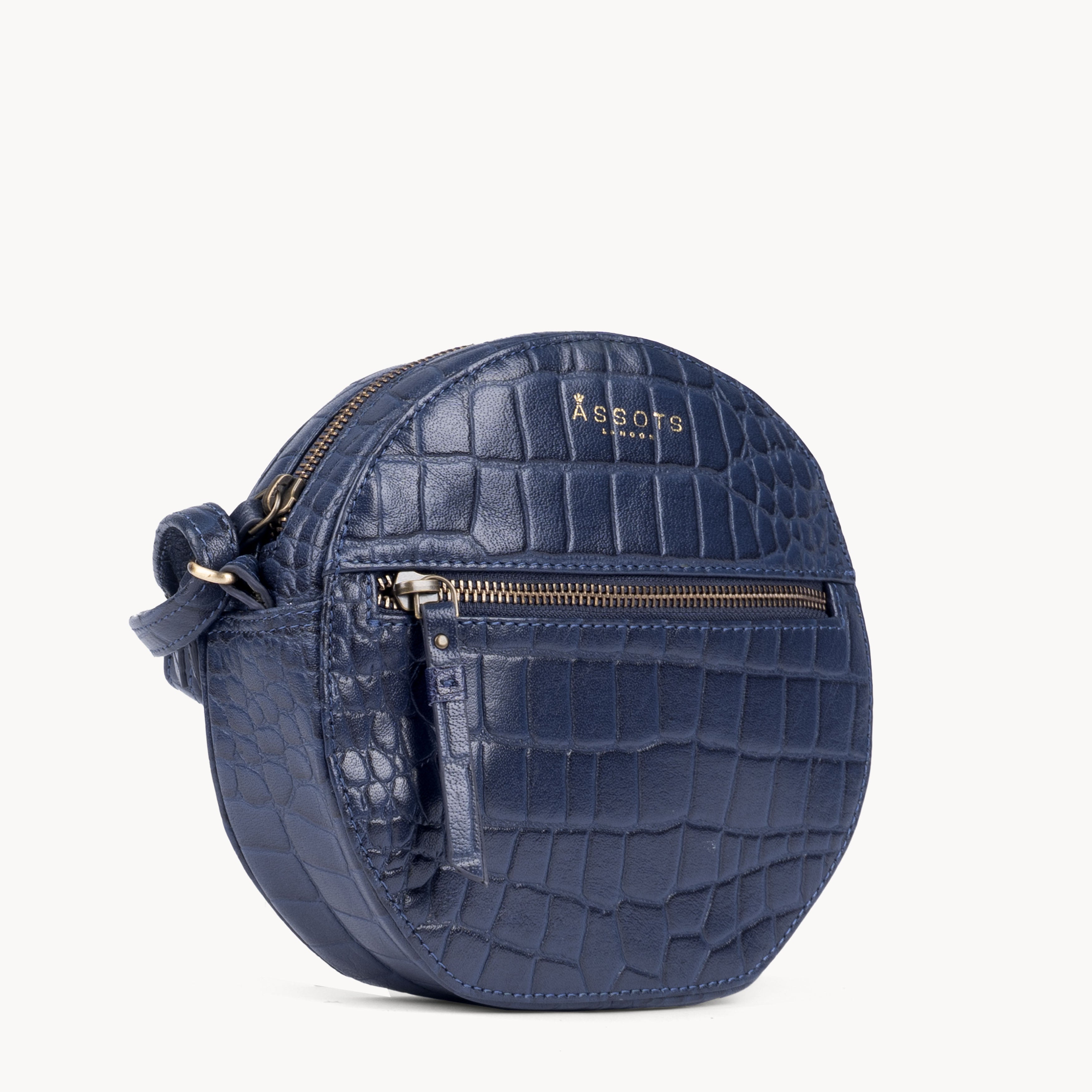 'Jane' Navy Croc Leather Round Designer Crossbody Bag