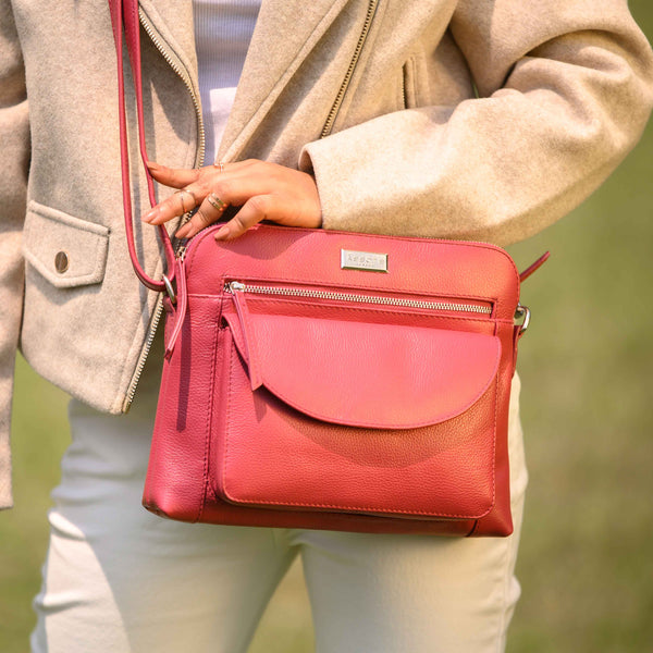 'JEAN' Carmine Pink Real Soft Pebble Grain Leather Crossbody Bag