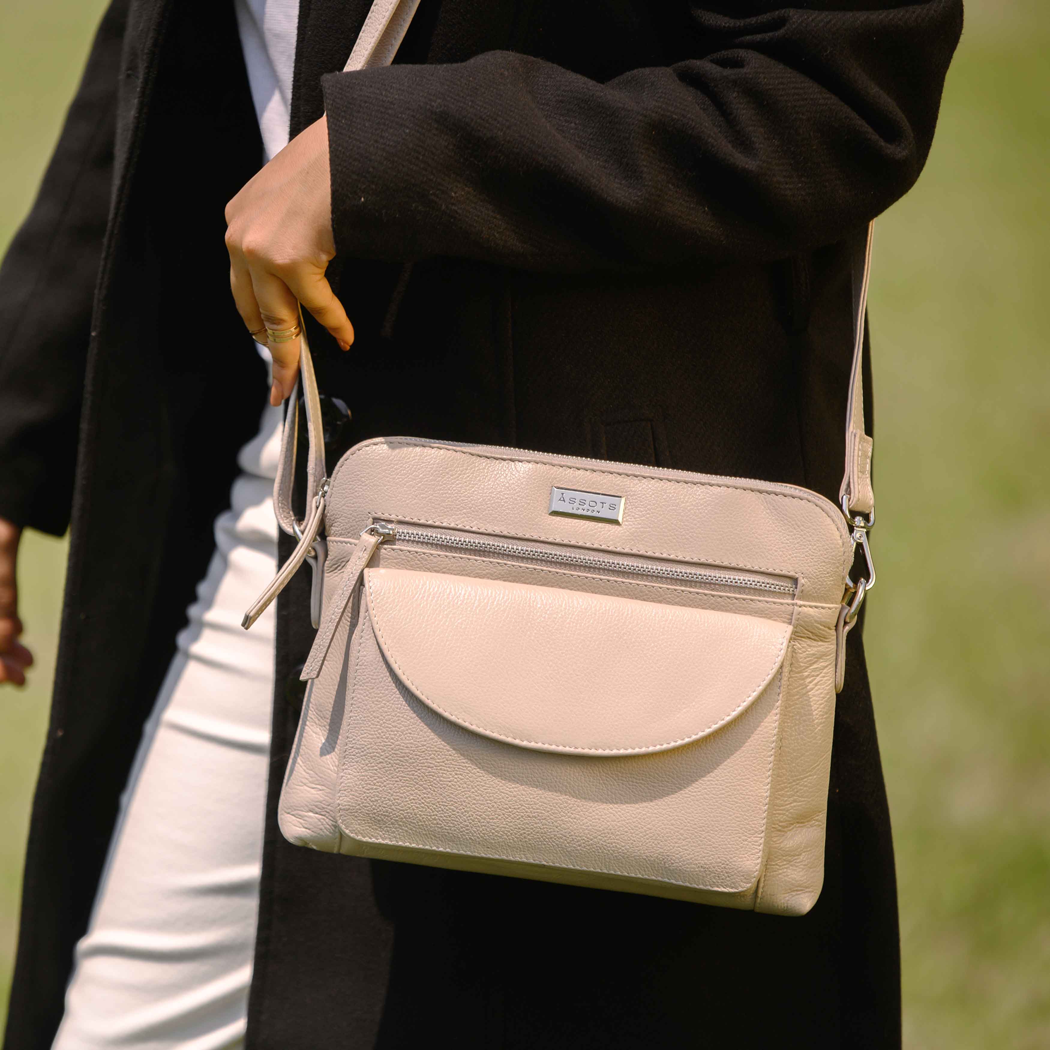 'JEAN' Light Ice Grey Real Soft Pebble Grain Leather Crossbody Bag