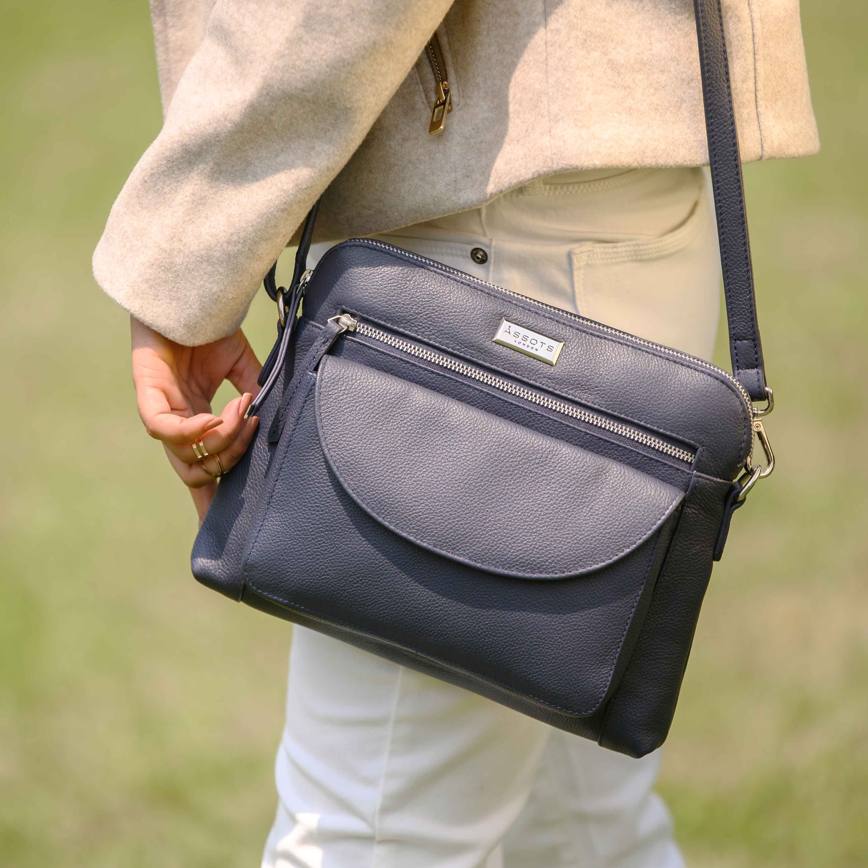 'JEAN' Navy Real Soft Pebble Grain Leather Crossbody Bag
