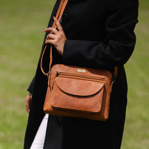 JEAN' Tan Distressed Real Leather Crossbody Bag