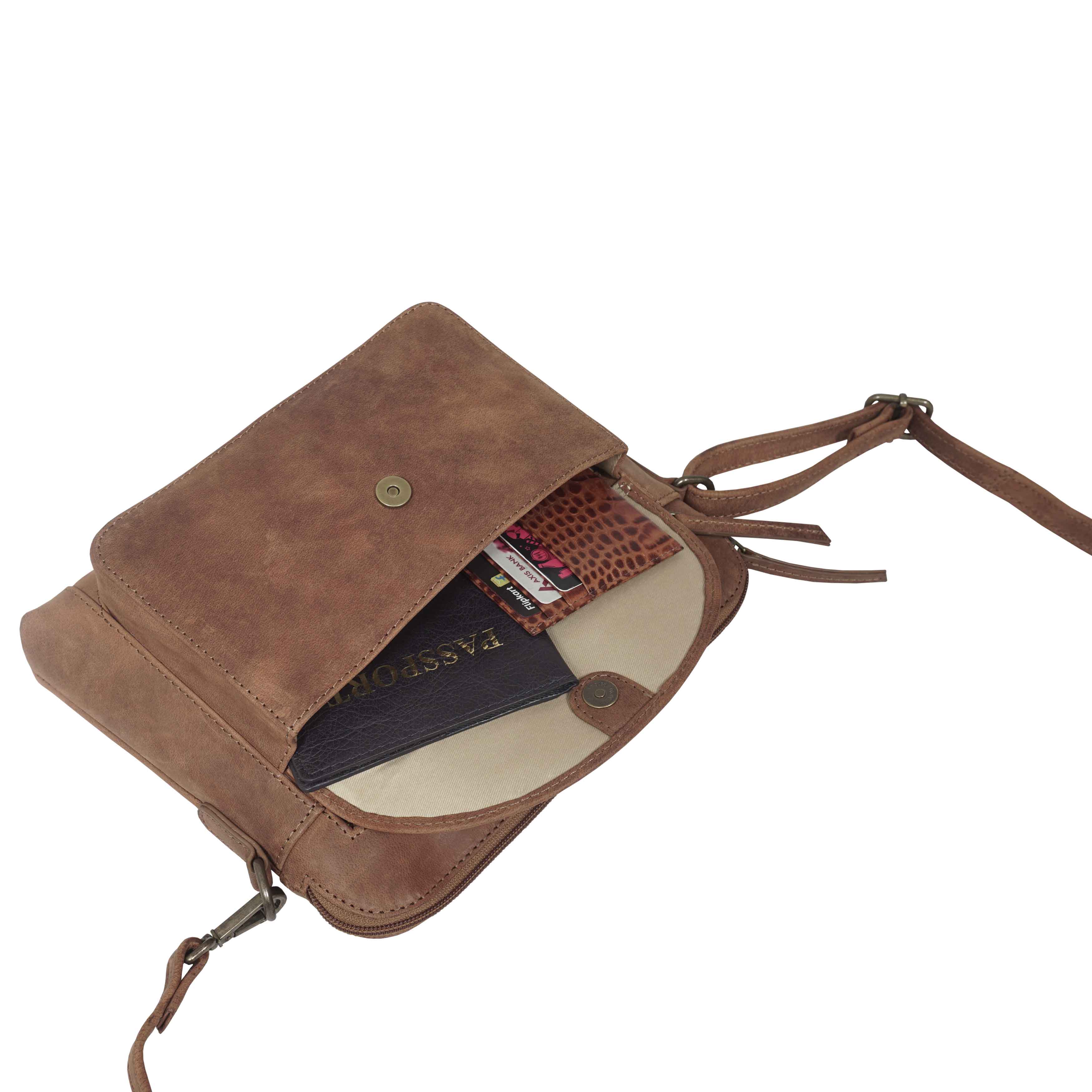 JEAN' Tan Distressed Real Leather Crossbody Bag
