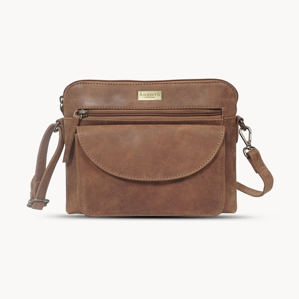 JEAN' Tan Distressed Real Leather Crossbody Bag