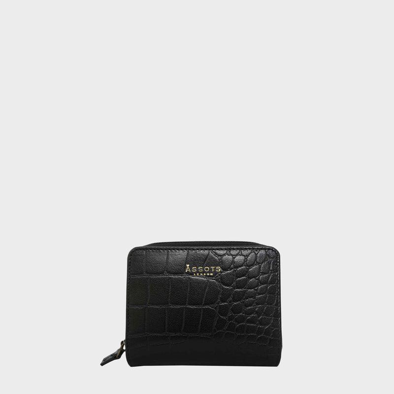 'JOLLY' Black Croc Real Leather Designer Zip-Top Wallet