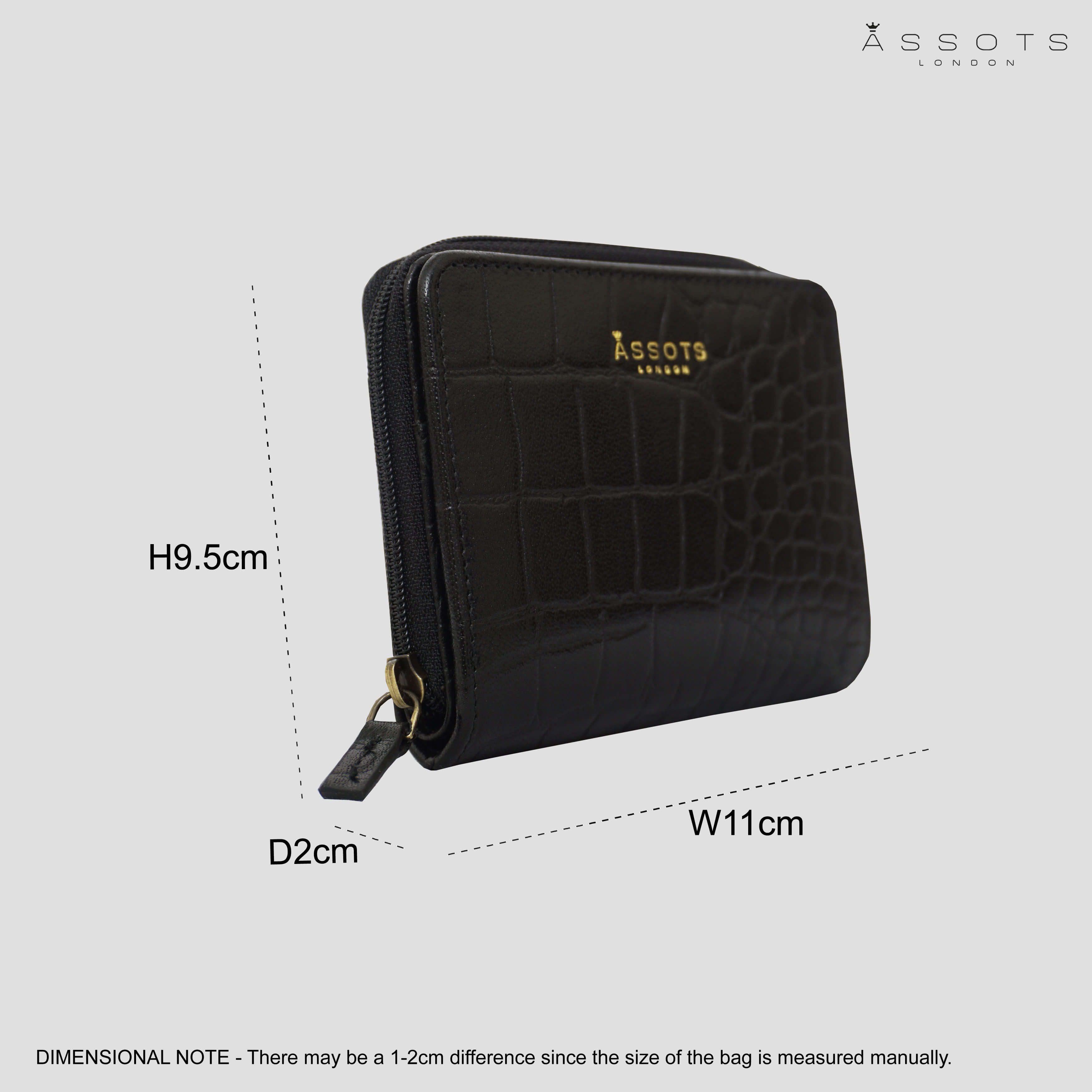 'JOLLY' Black Croc Real Leather Designer Zip-Top Wallet