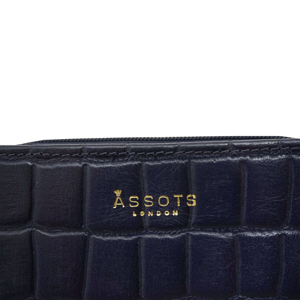 'JOLLY' Navy Croc Real Leather Designer Zip-Top Wallet