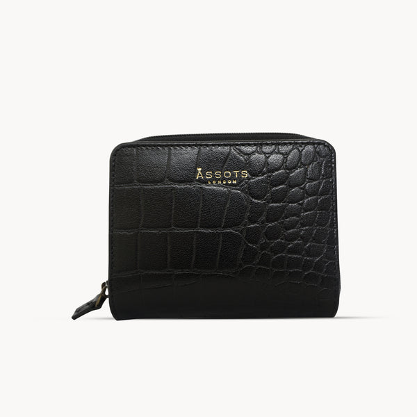 'JOLLY' Black Croc Real Leather Designer Zip-Top Wallet