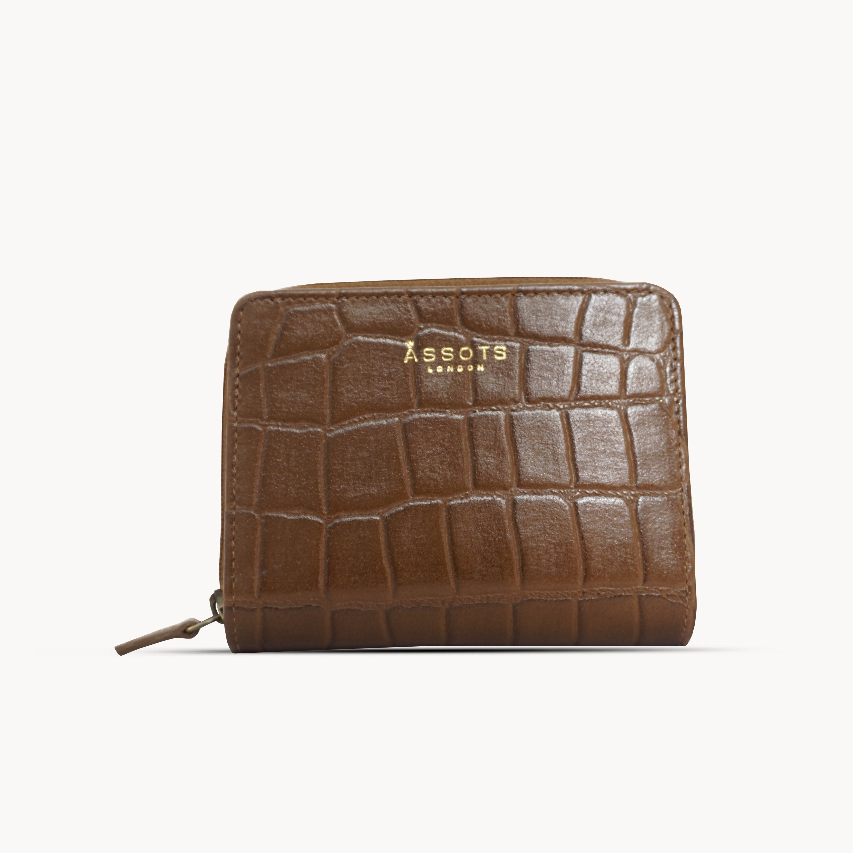 'JOLLY' Tan Croc Real Leather Designer Zip-Top Wallet