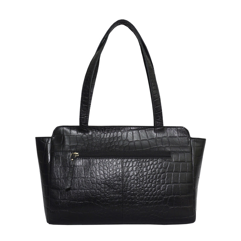 'JUDITH' Black Croc Real Leather Shoulder Bag
