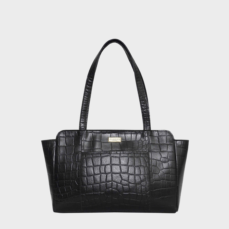 'JUDITH' Black Croc Real Leather Shoulder Bag