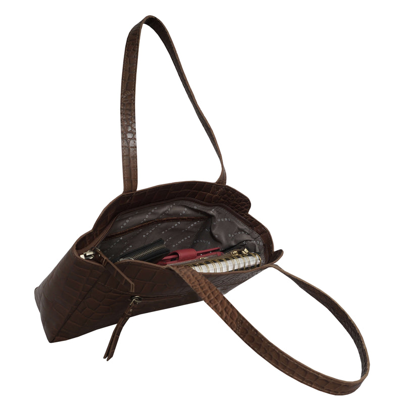 'JUDITH' Tan Croc Real Leather Shoulder Bag