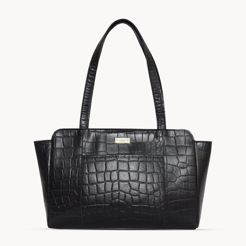 'JUDITH' Black Croc Real Leather Shoulder Bag