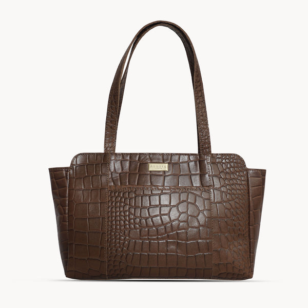 'JUDITH' Tan Croc Real Leather Shoulder Bag