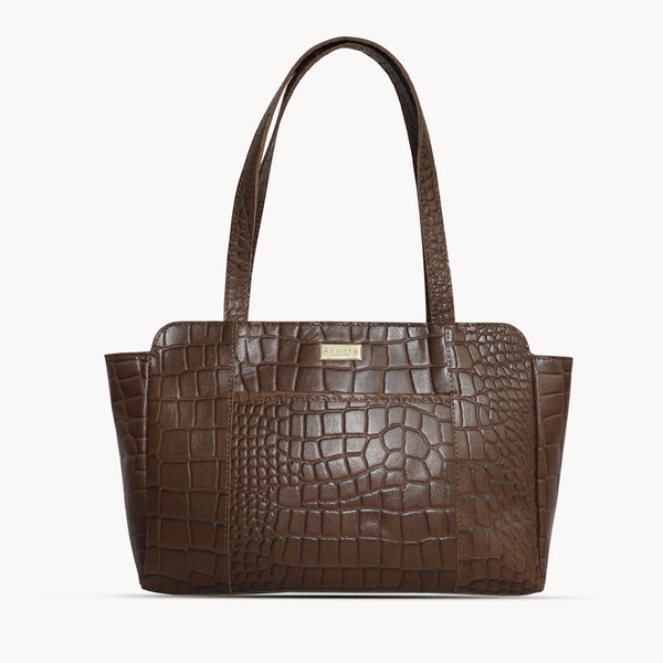 'JUDITH' Tan Croc Real Leather Shoulder Bag