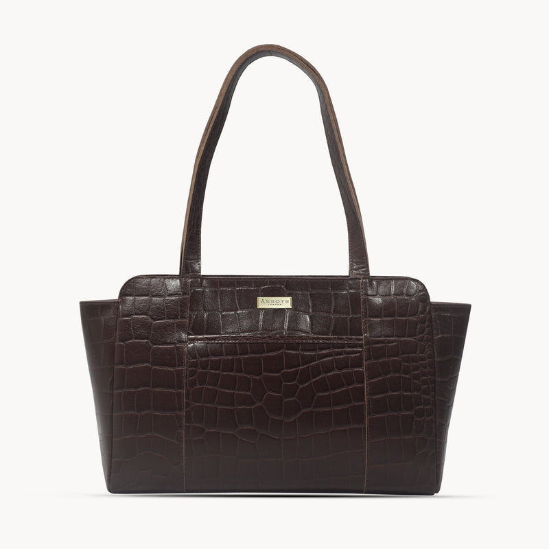 'JUDITH' Brown Croc Real Leather Shoulder Bag