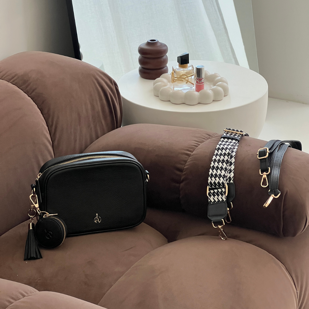 'KENT' Black Pebble Grain Real Leather Crossbody Bag