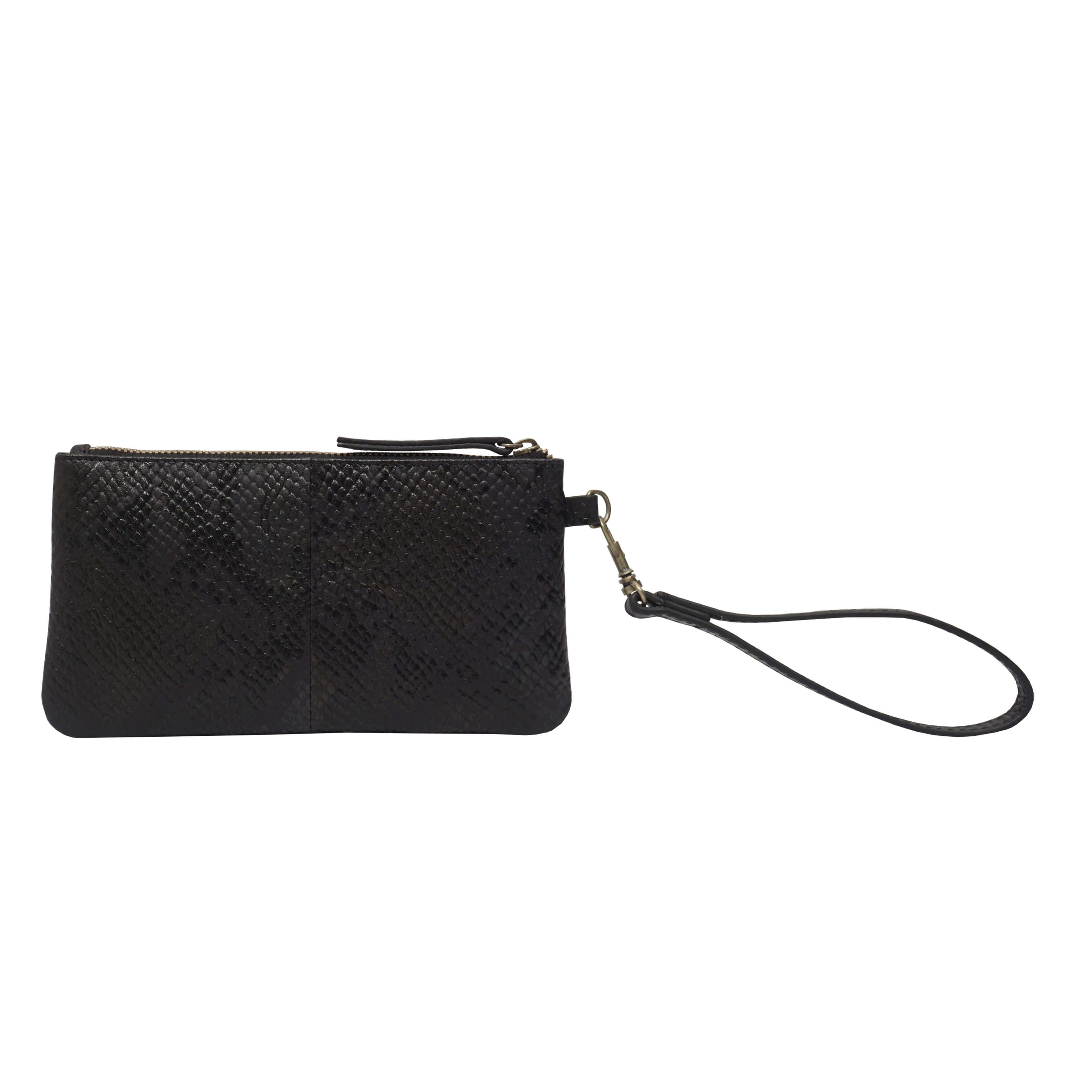 'KAREN' Black Snake Print Real Leather Wristlet Clutch Bag