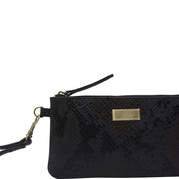 'KAREN' Black Snake Print Real Leather Wristlet Clutch Bag