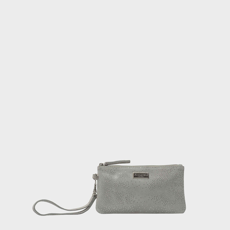 'KAREN' Grey Suede Leather with Silver Embellishment Wristlet Clutch Bag