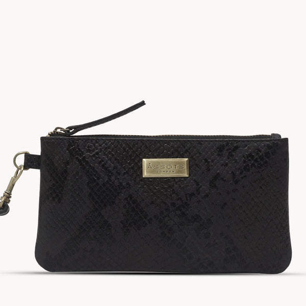 'KAREN' Black Snake Print Real Leather Wristlet Clutch Bag