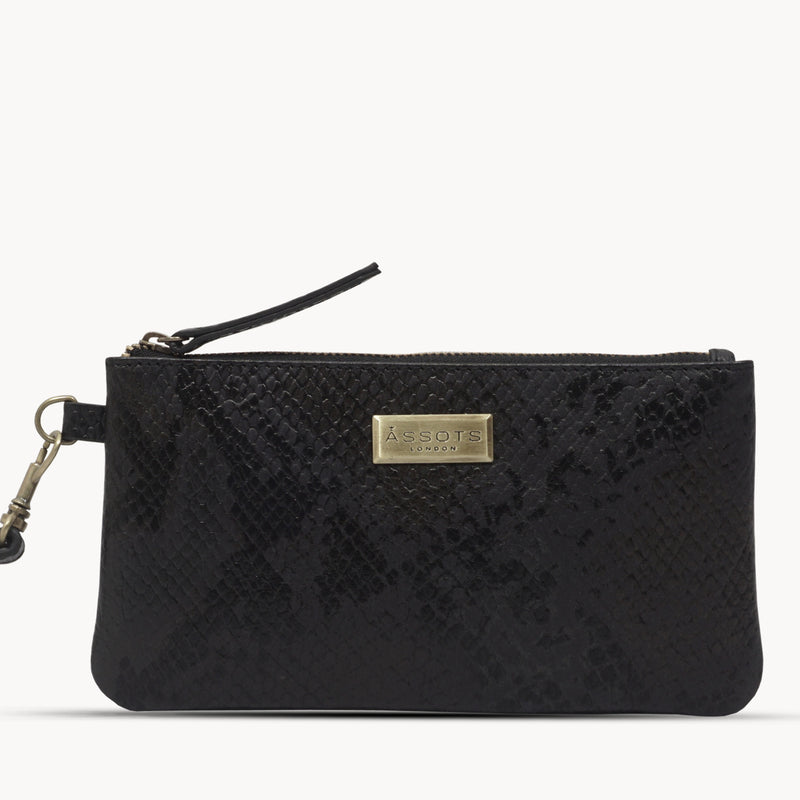 'KAREN' Black Snake Print Real Leather Wristlet Clutch Bag