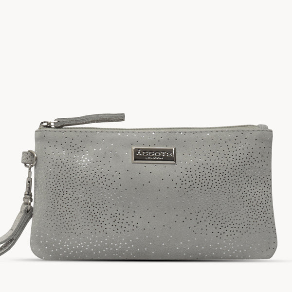 'KAREN' Grey Suede Leather with Silver Embellishment Wristlet Clutch Bag