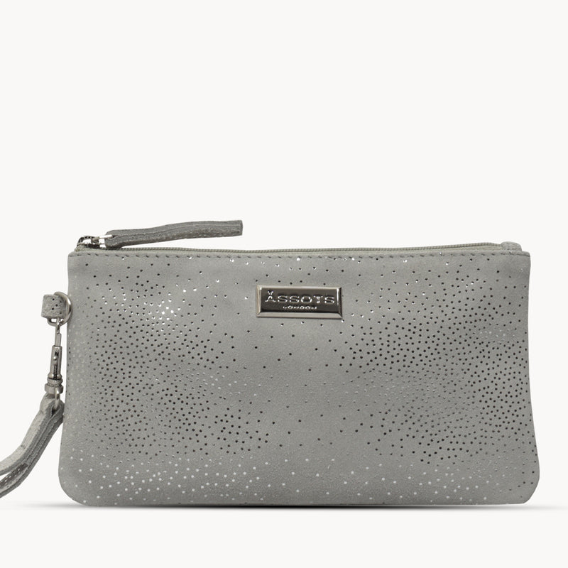 'KAREN' Grey Suede Leather with Silver Embellishment Wristlet Clutch Bag