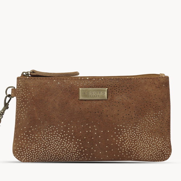 'KAREN' Tan Suede Leather with Yellow Gold Embellishment Wristlet Clutch Bag