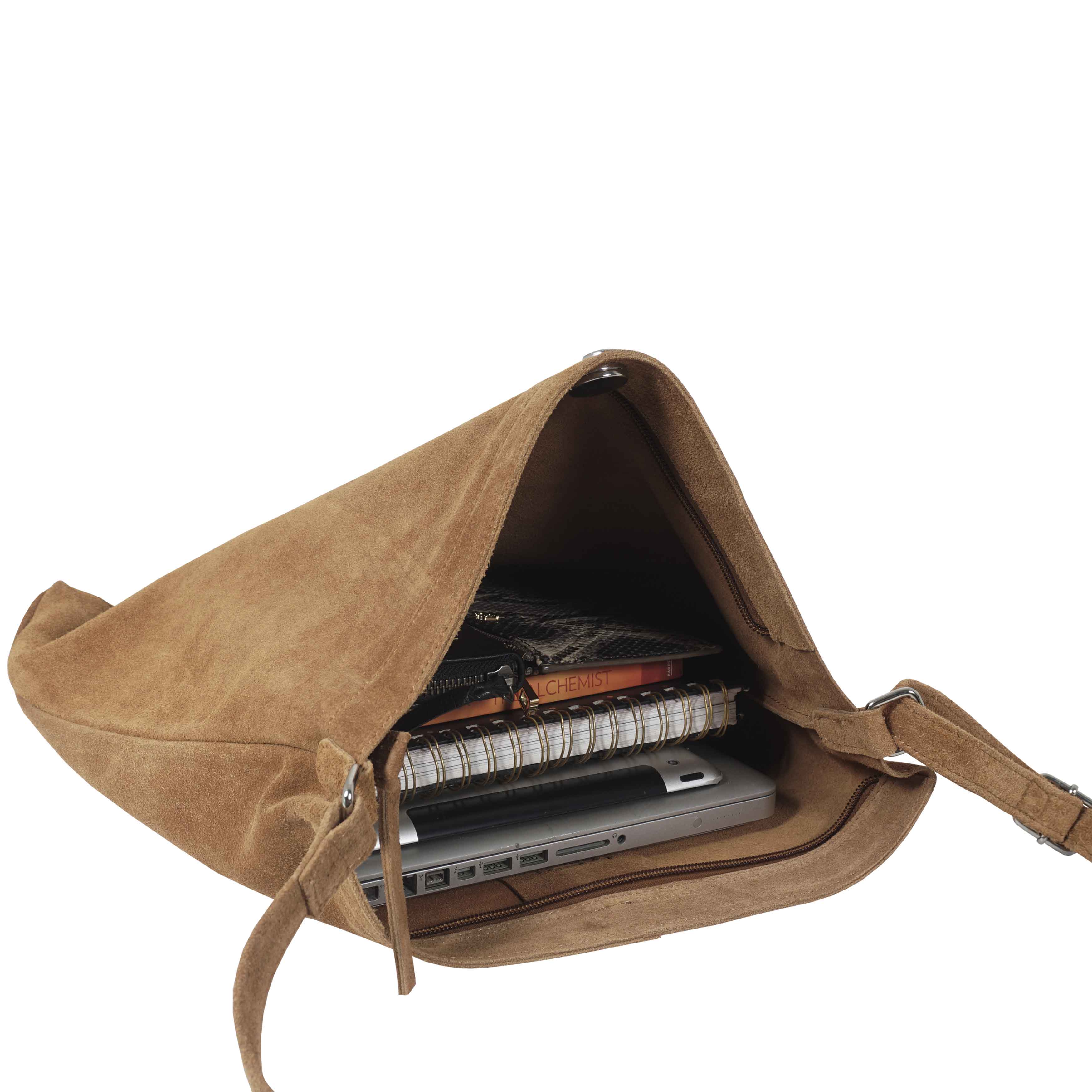 'KENDAL' Tan Suede Real Leather Slouchy Hobo Crossbody Bag