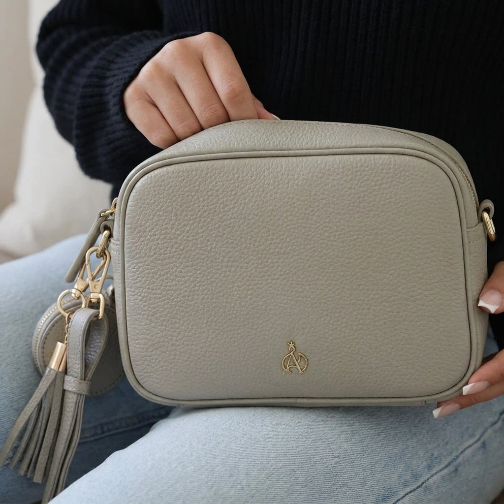 'KENT' Fog Grey Pebble Grain Real Leather Crossbody Bag