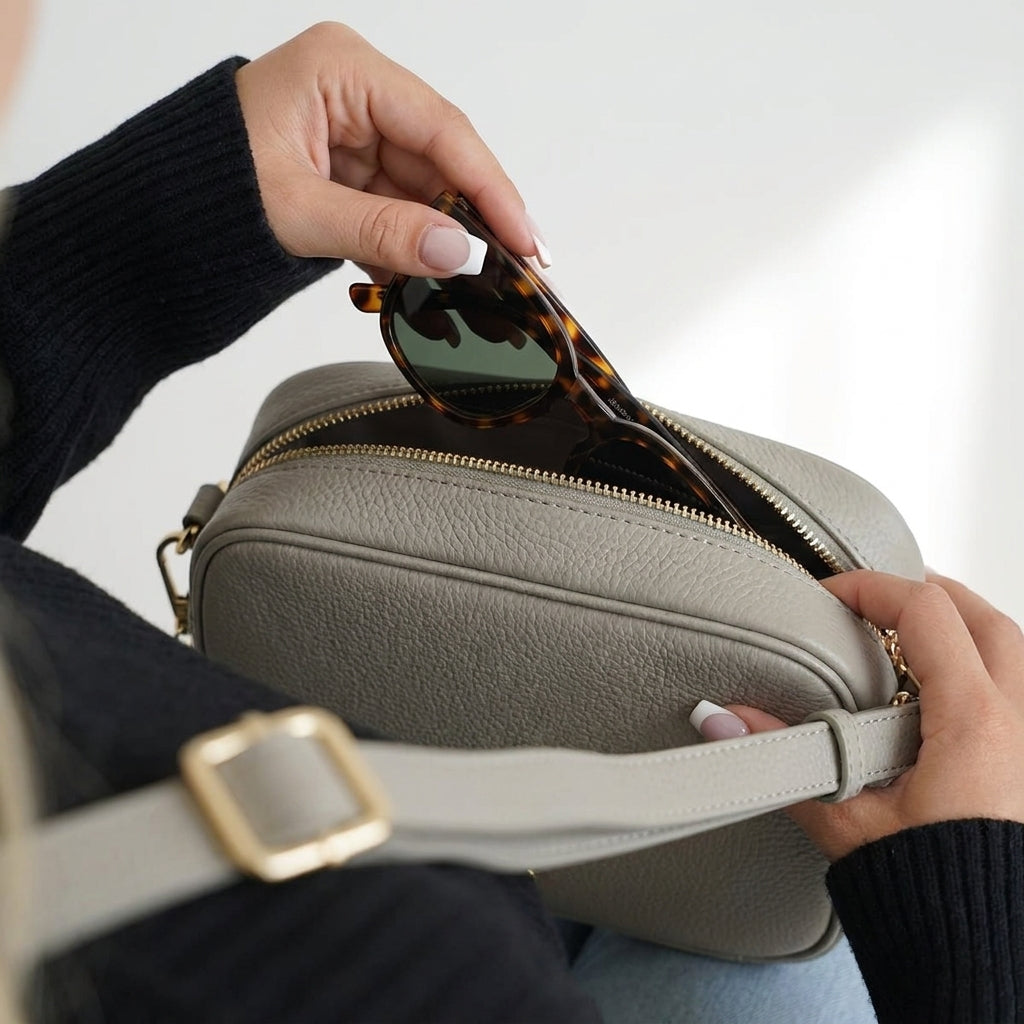 'KENT' Fog Grey Pebble Grain Real Leather Crossbody Bag