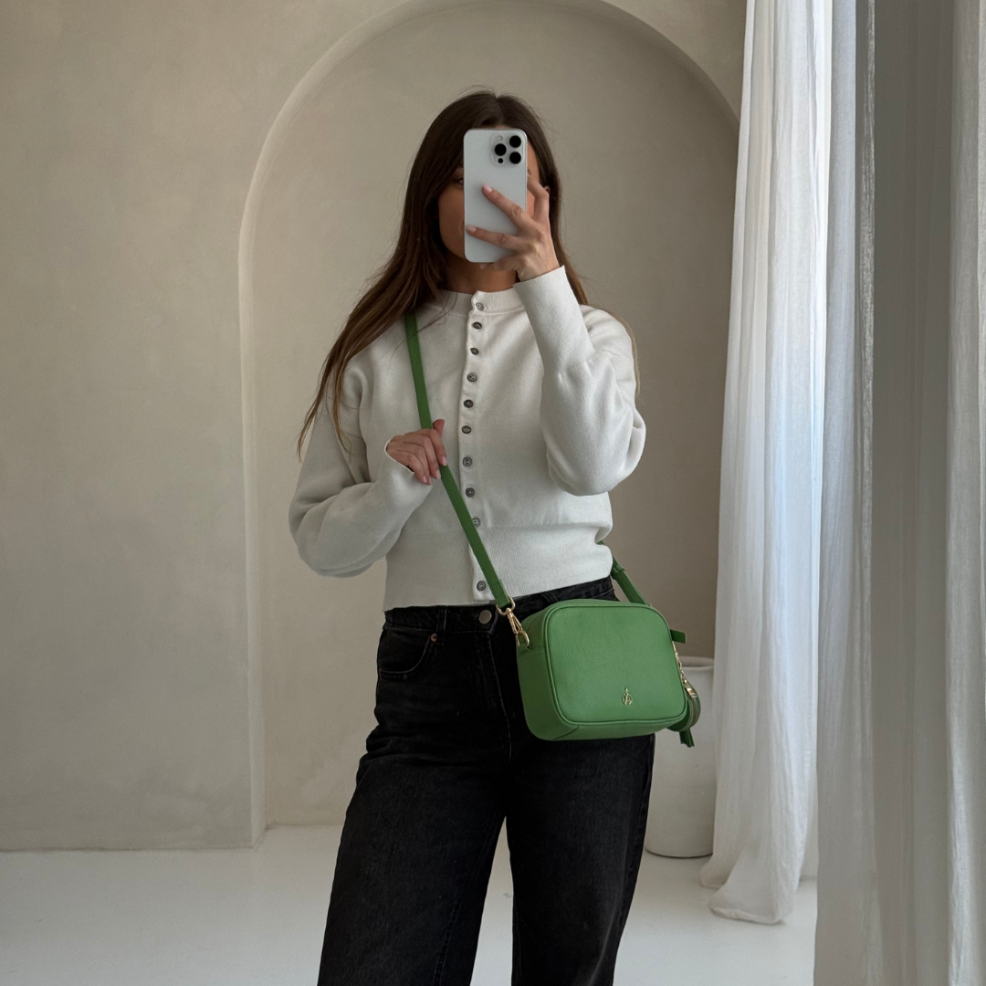 'KENT' Matcha Green Pebble Grain Real Leather Crossbody Bag