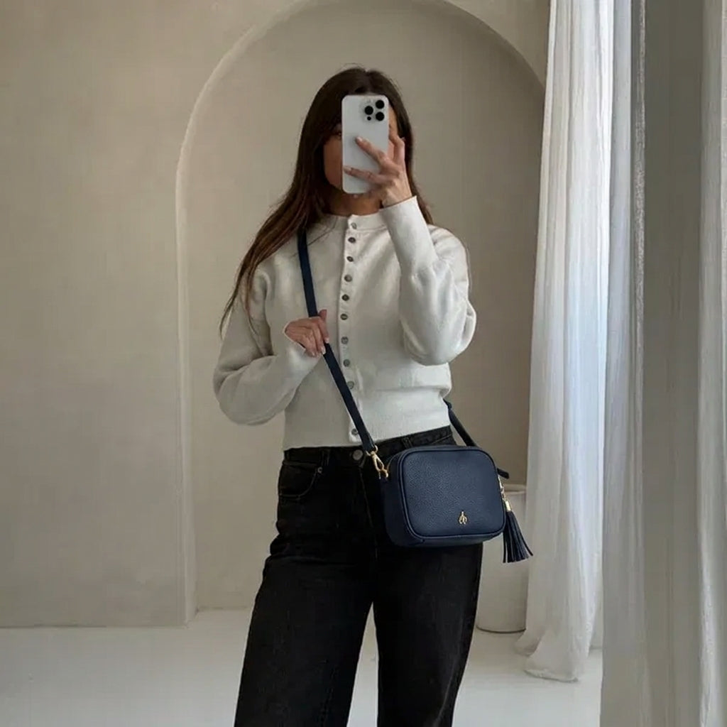 'KENT' Navy Pebble Grain Real Leather Crossbody Bag