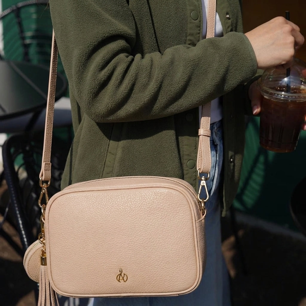 'KENT' Peach Pebble Grain Real Leather Crossbody Bag