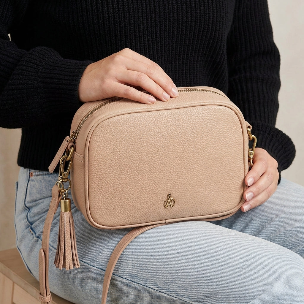 'KENT' Peach Pebble Grain Real Leather Crossbody Bag