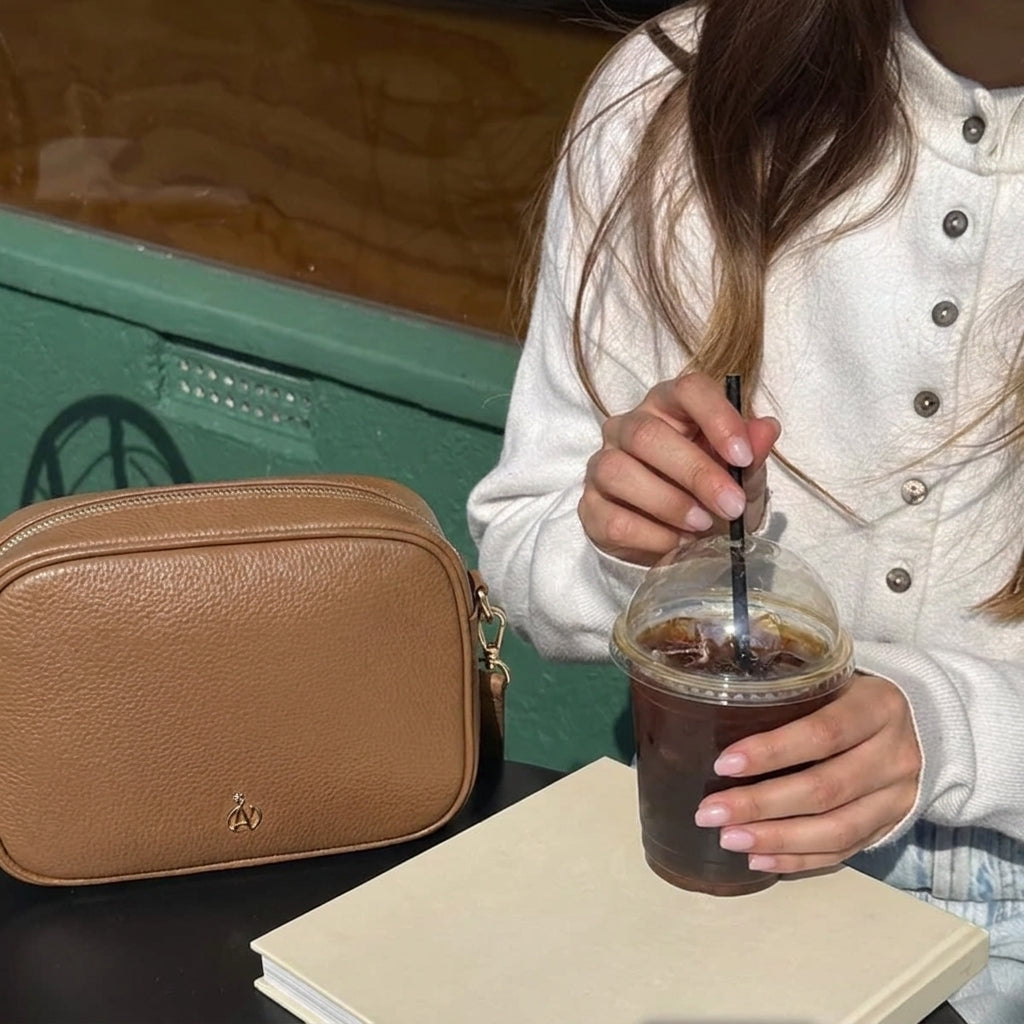 'KENT' Tan Pebble Grain Real Leather Crossbody Bag