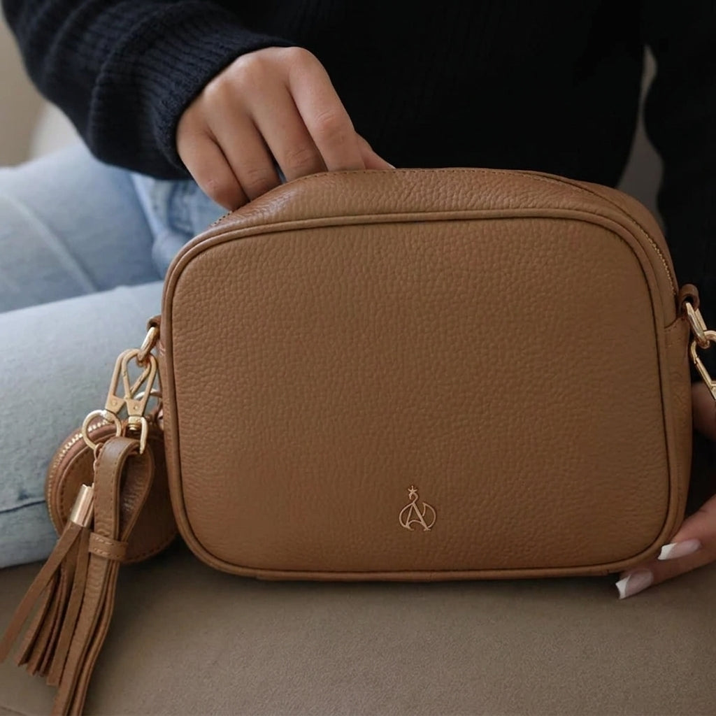 'KENT' Tan Pebble Grain Real Leather Crossbody Bag