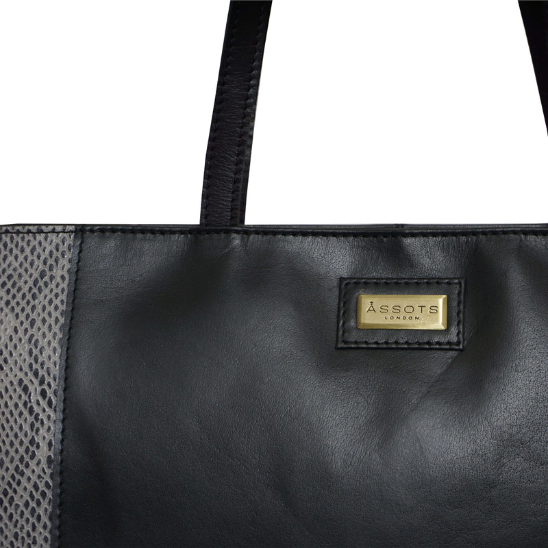 'Klara' Black Animal Snake Print Real Leather Designer Tote Bag