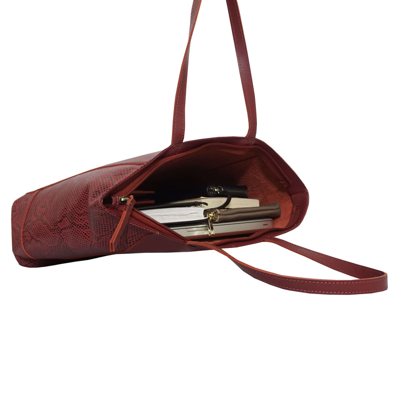 'Klara' Red Animal Snake Print Real Leather Designer Tote Bag