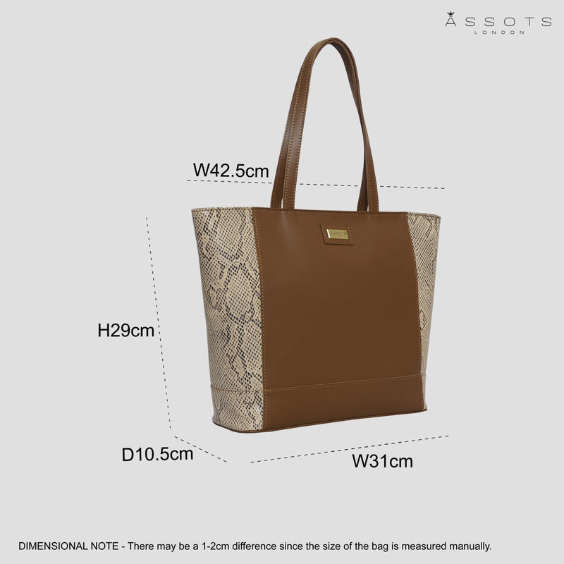 'Klara' Tan Animal Snake Print Real Leather Designer Tote Bag