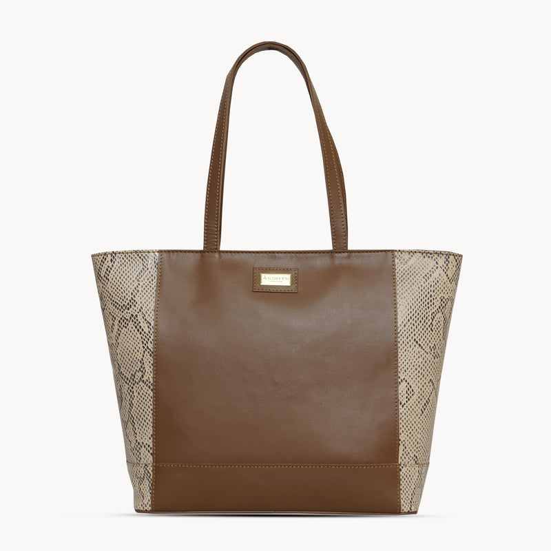 'Klara' Tan Animal Snake Print Real Leather Designer Tote Bag